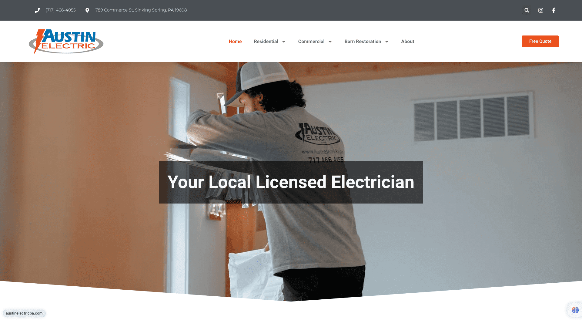 Homepage screenshot of Austin electric showing a man fixing a light fixture.