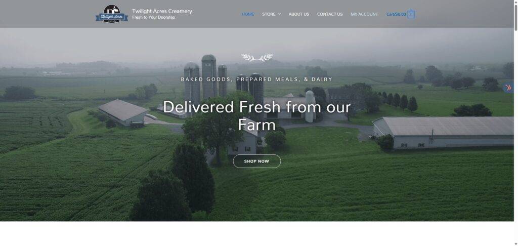 Twilight Acres Creamery website showcasing fresh dairy products and baked goods with a scenic farm background, emphasizing delivery from farm to doorstep.