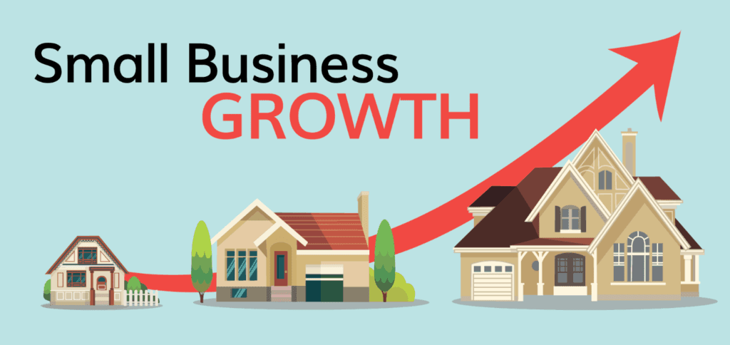 Small Business Growth graphic featuring three illustrated houses with a rising arrow, symbolizing business expansion and success.